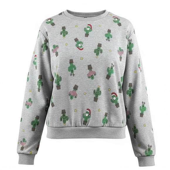 H&M Divided Christmas Cactus Sweatshirt Heathered Grey Crewneck Pullover Small - Picture 1 of 11